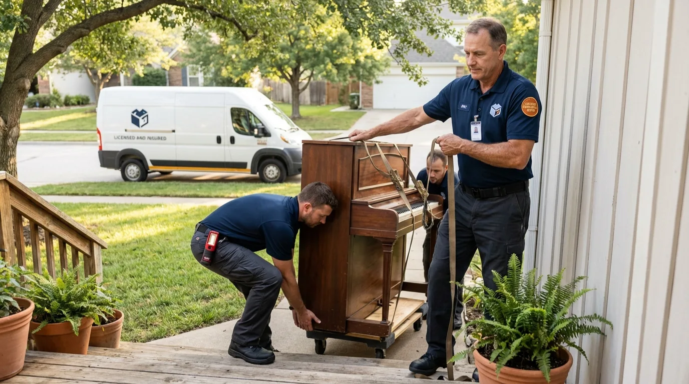 Licensed piano movers securing grand piano in Marstons Mills, MA