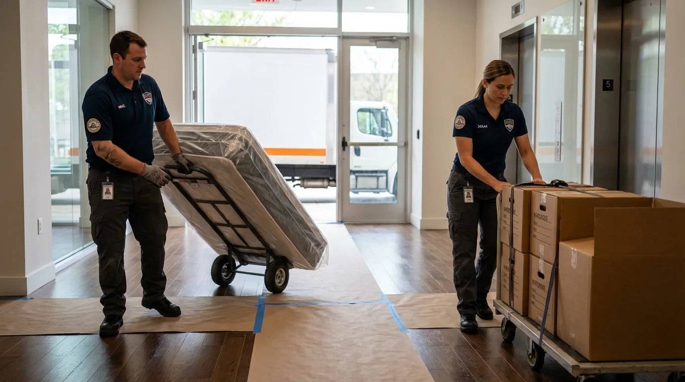 Professional apartment movers loading elevator in Marstons Mills, MA